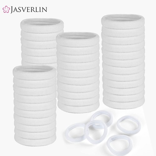 JASVERLIN White Cotton Fabric Hair Ties, Soft Ponytail Scrunchies Hair Bands for Women’s Braided Curly Thin Thick Hair, No Damage Crease Seamless Hair Elastic Band 1.5 Inch 100 pcs (White)
