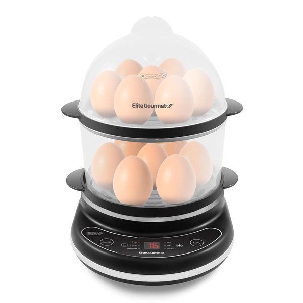 Elite Gourmet EGC314CB Digital Easy Egg Cooker Food Steamer, Poacher, Omelet, Soft, Medium, Hard-Boiled Egg with 6 Programmed Preset Functions, 2-Tiers, Measuring Cup, BPA Free, 14 egg capacity, Black