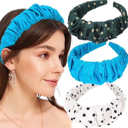 Bouory Boho Wide Headbands Polka Dot Hairband Folds Vintage Head Bands African Turban Hair Hoop for Women and Girls 3PCS(White,Blue,Green) (Type A)