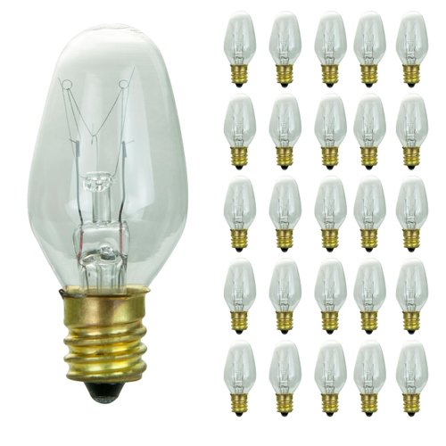 Sunlite 01280 7C7 Incandescent Bulb, 7 Watt, Candelabra E12 Base, C7 Small Night Light, Colored Bulb, Clear, 25 Count