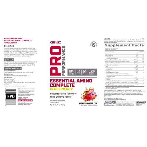 GNC Pro Performance Essential Amino Complete Plus Energy - Raspberry Iced Tea | 5g BCAA, 5g EAA Plus Energy Blend and Electrolyte Complex | 30 Servings