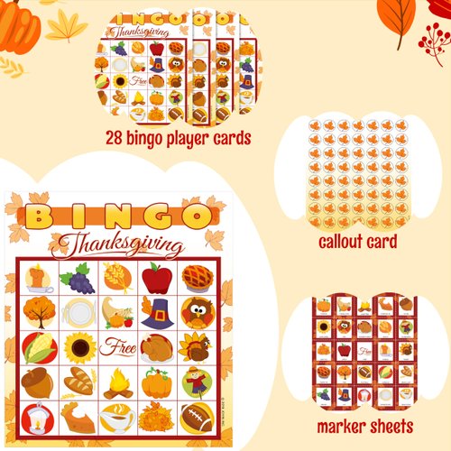 JOYIN 28 Players Thanksgiving Bingo Cards (5x5) for Kids Family Activities, Party Card Games, School Classroom Games, Turkey Party Favors Supplies