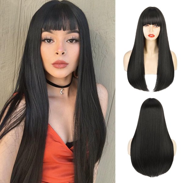 ENTRANCED STYLES Black Wigs for Women Long Straight Black Wig with Bangs Black Hair Wigs Heat Resistant Synthetic Womens Wig for Daily Party Halloween Use 22 Inch