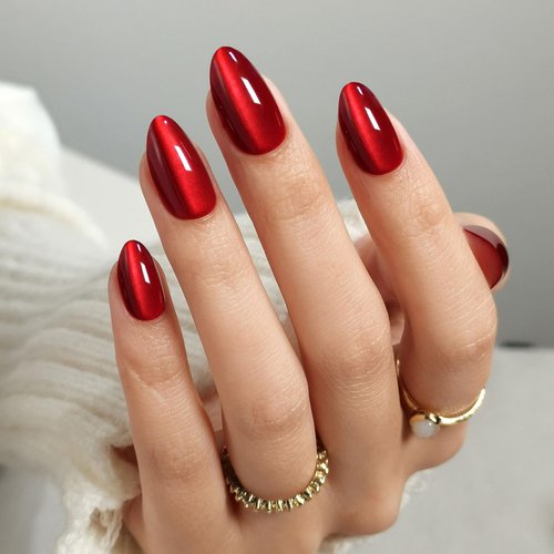 SHANGMENG Christmas Press on Nails Almond - Soft Gel Red Cat Eye Press on Nails Short for Women Gift, Fit Perfectly & Natural Stick on Nails with Glue in 16 Sizes - 32 Reusable Fake Nails, Wine Red