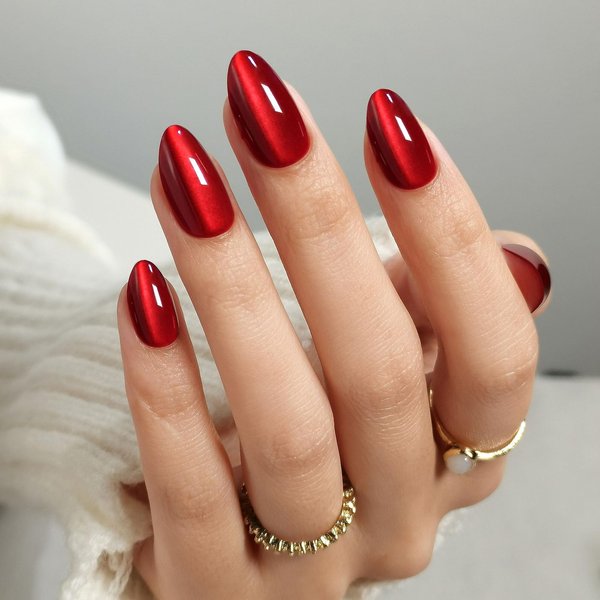 SHANGMENG Christmas Press on Nails Almond - Soft Gel Red Cat Eye Press on Nails Short for Women Gift, Fit Perfectly & Natural Stick on Nails with Glue in 16 Sizes - 32 Reusable Fake Nails, Wine Red
