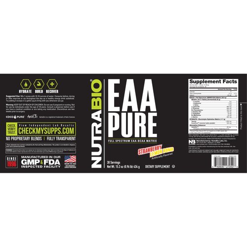NutraBio – EAA Pure – 9 Amino Acids – Muscle Repair and Recovery, 30 Servings, Strawberry Lemon Bomb – Pre or Post Workout – All Day Recovery