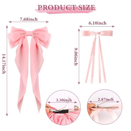 FASOTY Hair Bows for Women Girls, 2 PCS Silky Satin Bow Hair Clips Ribbon Hair Bow Clips Bowknot with Long Tail Pink Hair Bow Cute Hair Accessories, 2 Sizes
