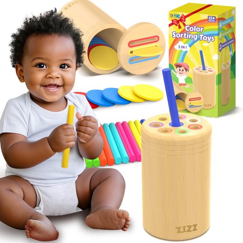 ZIZZ Montessori Toys for 1-3 Years Old - 2 in 1 Wooden Educational Learning Color Sorting Toys for Kids Age 18 Month Old 1-3 Year Old Toddler Sensory Matching Games Toys for Baby Birthday