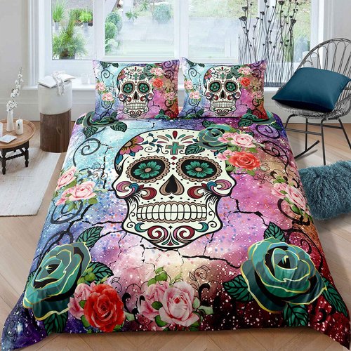 Feelyou Sugar Skull Comforter Cover Set Twin Size Teen Girl Bedding Set Sugar Skull Decor Bedding Skull Bones Skeleton Roses Floral Print Duvet Cover Decorative Soft Bedding Cover Zipper 2 Pcs