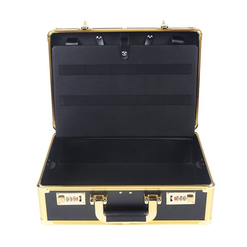 Professional Barber Case, Barber Tool Kits Storage, Double Layer Travel Barber Tool Box, Luxury Carrying Case for Beauty Hair Stylist Pet Groomer with Handle & Secure Numlock, Black+Gold (Style 2)