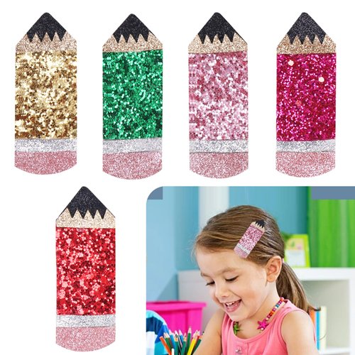 5 Pack Back to School Pencil Snap Hair Clips, Beleki Glitter Pencil Hair Clips for Women Girls Te...