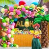 Hawaiian Luau Party Decoration Tropical Aloha Luau Balloons Arch Garland Kit Summer Beach Pool Party Supplies with Coconut Tree Shaped Balloon Set Table Skirt Cake Topper Palm Leaves and Hibiscus