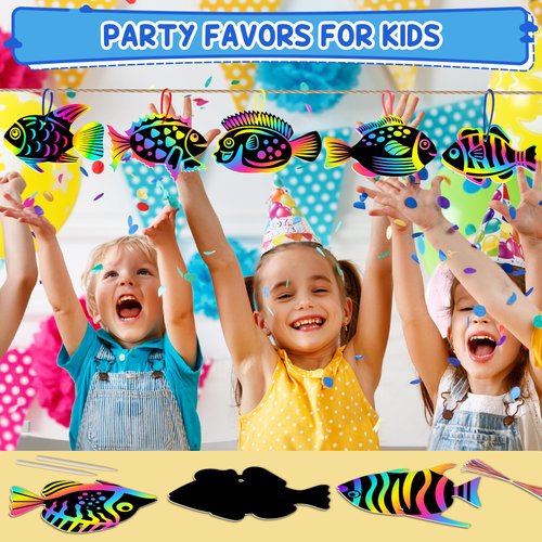 ZMLM Scratch Art Paper Kids - 48 Pcs 8 Style Fish Rainbow Art Craft Scratch Paper for Party Favor Game Supplies Decoration Halloween Christmas Birthday Gift for Ages 4 5 6 7 8+ Girls Boys