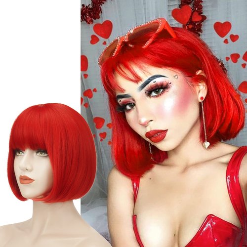 SOFEIYAN Short Straight Bob Wigs with Bangs 11 inch Synthetic Daily Party Cosplay Hair Wig for Black Women, Red