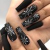 Christmas Press on Nails Long Coffin Fake Nails Black False Nails with Snowflake Design Glue on Nails Glossy Full Cover Stick on Nails Ballerina Acrylic Nails for Women Winter Manicure 24Pcs