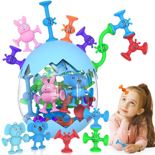 Suction Cup Toys for Kids, Suction Bath Toys for Toddlers Stacking Toys Shower Toys for Kids Ages 3+ Boys Girls, Montessori Bathtub Toys Sensory Toys Travel Toys with Dinosaur Eggshell Storage,19 PCS
