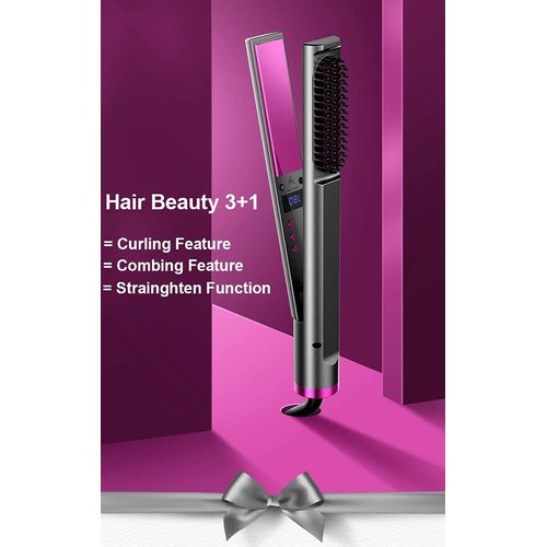 AIKO Pro Professional 3 in 1 Hair Straightener Flat Iron, Hair Curler with Built-in Comb, Hair Straightener Brush with Adjustable Temperature, Instant Heat-Up, Dual Voltage, Ideal Gift