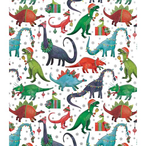 REVEL & Co Christmas Dinosaurs Folded Christmas Wrapping Paper, 2 Feet x 10 Feet Folded Gift Wrap with T-Rex, Parasaurolophus, Triceratops, Stegosaurs and Brachiosaurus
