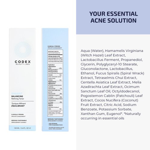 Codex Labs Shaant Refining Toner - Hydration & Pore Minimizer - for Acne Prone Skin - with 2% Gluconolactone - Cruelty-Free, Vegan Skincare (100ml)