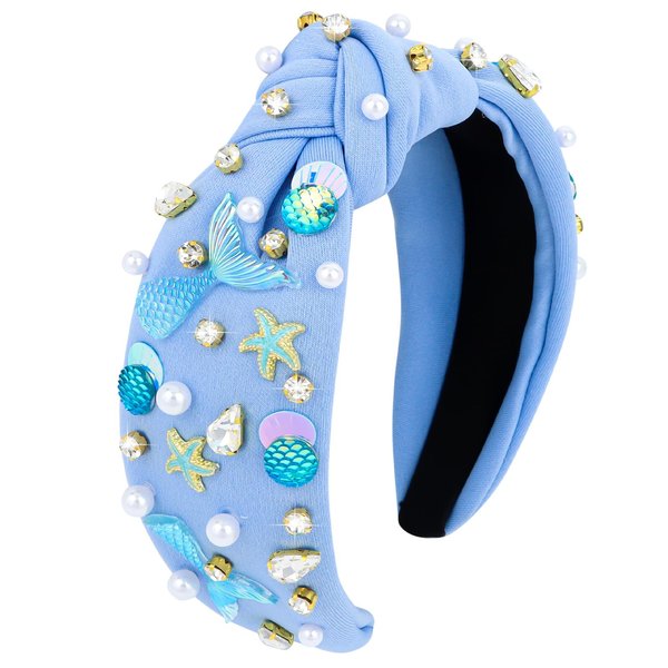 Jaciya Pearl Headband for Girls Rhinestone Headband for Women Wide Knotted Blue Headband for Women Starfish Head Band Mermaid Birthday Party Decorations