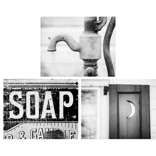 LISA RUSSO FINE ART - Black and White Bathroom Wall Art Set of 3 SMALL 5x7” Unframed Prints - Rustic Farmhouse Soap, Outhouse Moon, Water Pump for Bath or Powder Room Wall Decor