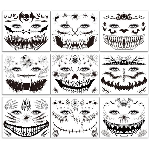 Qpout 9 Sheets Scary Halloween Face Temporary Tattoos for Women Men,Horror Big Mouth Wound Scars Stitches Tattoos Decals, Spider Web Bat Day of the Dead Witch Zombie Makeup Party Favor Supplies