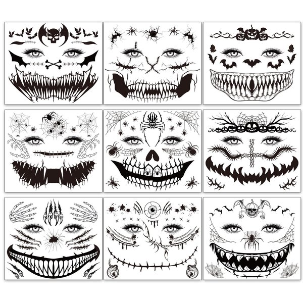 Qpout 9 Sheets Scary Halloween Face Temporary Tattoos for Women Men,Horror Big Mouth Wound Scars Stitches Tattoos Decals, Spider Web Bat Day of the Dead Witch Zombie Makeup Party Favor Supplies