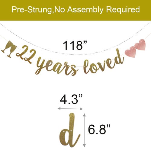22 Years Loved Banner, Pre-Strung, Gold Glitter Paper Garlands for 22nd Birthday/Wedding Anniversary Party Decorations Supplies, No Assembly Required,Gold,SUNbetterland