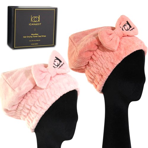 ICANdOIT-2PCS Microfiber Hair Drying Caps for All Hair Style, Extre Soft & Ultra Absorbent, Quick Drying Hair Turban Wrap Towels-Shower Cap for Girls and Women(DarkPink+Lightpink)