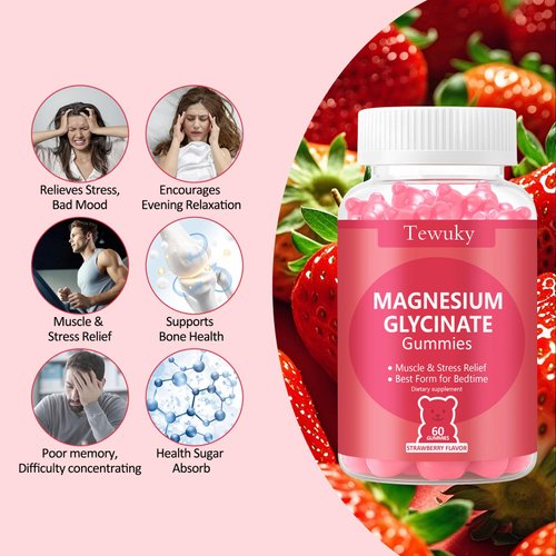 Magnesium Glycinate Gummies 500mg, Sugar-Free for Adults & Kids, Magnesium Gummy for Relaxation, Stress & Muscle Relief, Supports Bone & Nerve Health, Vegan, Pectin-Based, 60 Count, Strawberry Flavor
