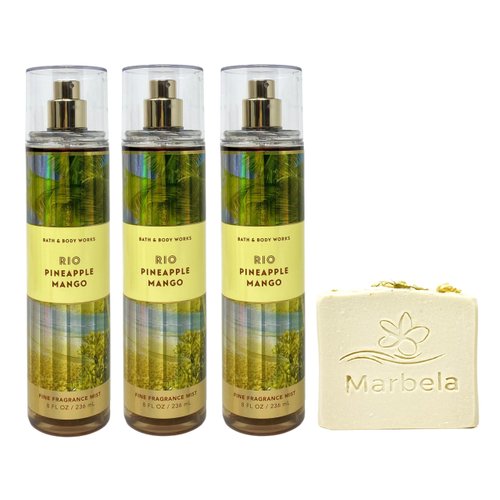 Bath & Body Works Rio Pineapple Mango 3 Piece Fine Fragrance Mist Value Pack with a Wild Jasmine Bar Soap - Full Size