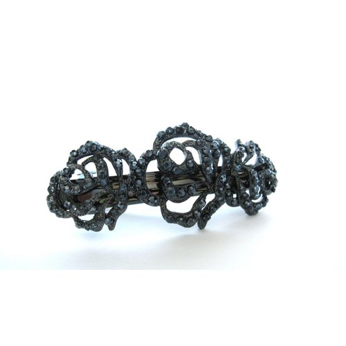 Bluish gray crystal black metal rose flower hair clip barrette