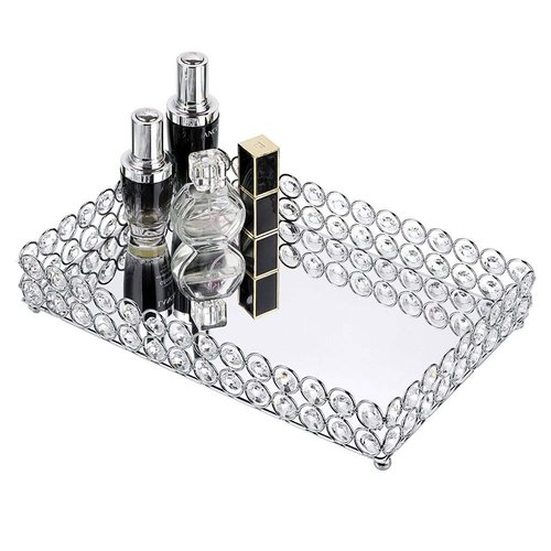 Hipiwe Crystal Cosmetic Makeup Tray - Mirrored Vanity Jewelry Decorative Tray Organizer for Storage Perfume, Toiletries,Trinket, Home Decor Tray for Dresser/Vanity Table, Bathroom, 12.4"x7.8"