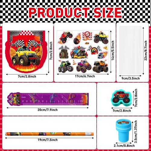 Cholemy 168 Pcs Monster Truck Party Favors Truck Party Supplies Monster Truck Stationery Set Notebook Sticker Stamper Eraser Ruler Pencil Bag for Truck Baby Shower Birthday Party Gift Classroom Prize