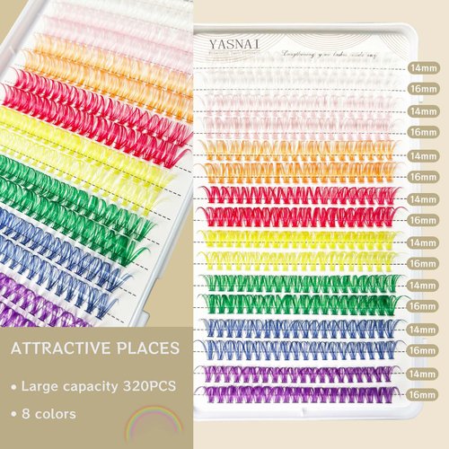 Colored Lash Clusters YASNAI DIY Colored Lash Extensions 320pcs Color Eyeash Extensions D Curl, 14/16mm Mix Lashes eye makeup, White Pink Orange Red Yellow Green Blue Purple