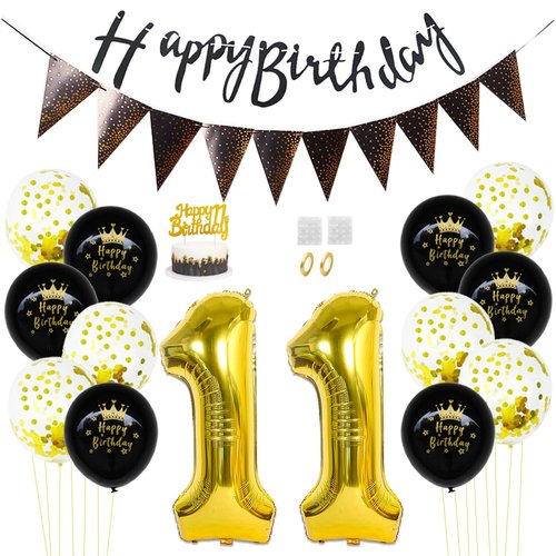 Daimay 11st Birthday Party Decorations Gold Black Happy Birthday Latex Confetti Balloons Triangle Flag Banner Number 11 Foil Balloon Cake Topper for Men Women Anniversary Birthday Party Supplies