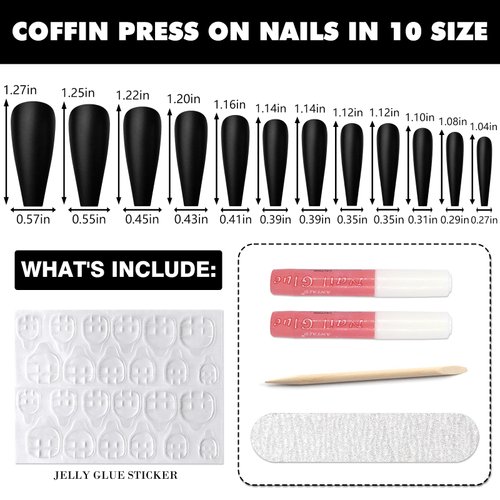 AddFavor Long Press on Nails Black Matte Ballerina Fake Nails Full Cover False Acrylic Nail for Women, 240pcs Black Nails with Nail Glue Adhesive Tabs File Tools
