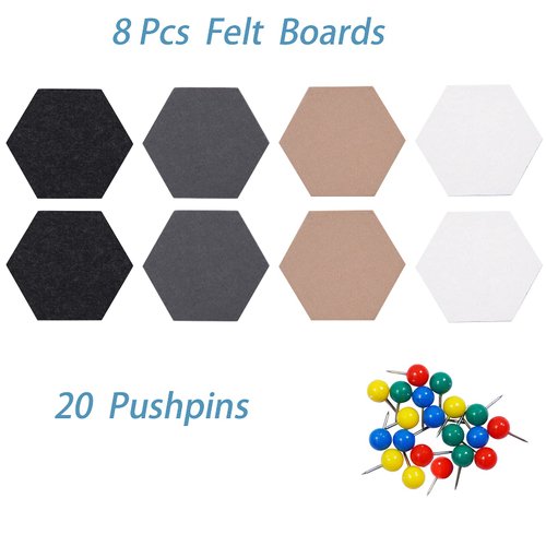 Afumazi 8Pcs Hexagon Felt Cork Board Tiles Self Adhesive Bulletin Board, Pin Board for Wall Decor Memos Photos Display (Set C)