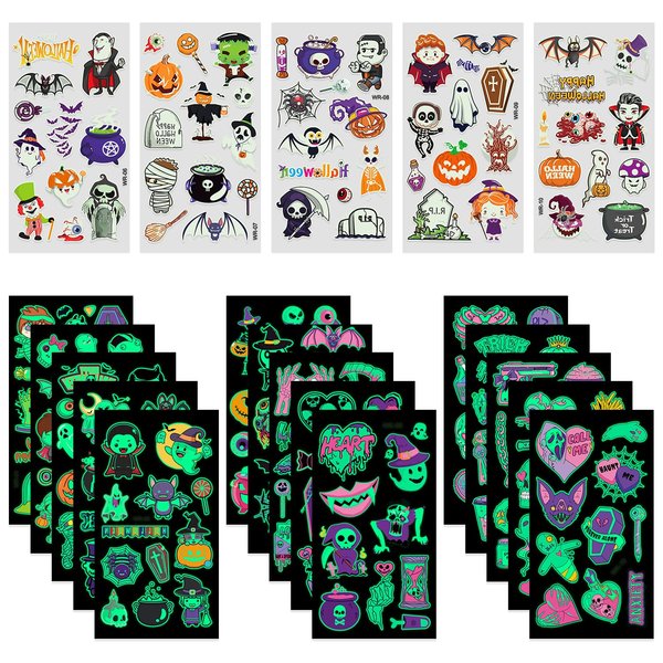 Halloween Temporary Tattoo for Kids, 20sheets Glow in The Dark Tattoo Sticker Decals for Children, Waterproof Mixed Style Cartoon Fake Tattoos, Halloween Party Supplies Favor
