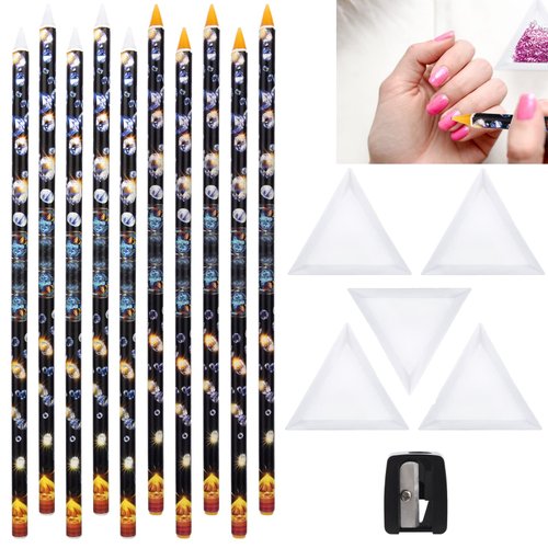 iayokocc 10Pcs Rhinestone Picker Wax Pen Set, Nail Dotting Wax Pen Self Adhesive Picker Pencil Gem Pick up Tool with Bead Sorting Tray & Pencil Sharpener for Nail Art DIY Decoration(White+Yellow)