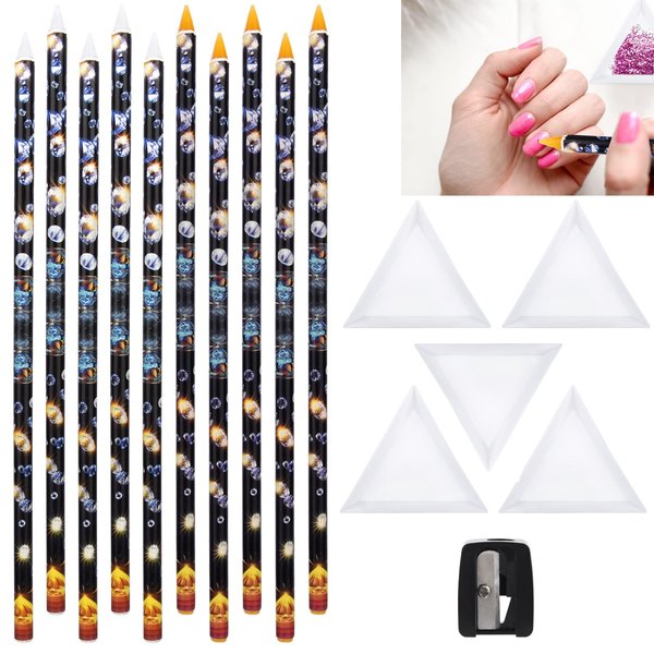 iayokocc 10Pcs Rhinestone Picker Wax Pen Set, Nail Dotting Wax Pen Self Adhesive Picker Pencil Gem Pick up Tool with Bead Sorting Tray & Pencil Sharpener for Nail Art DIY Decoration(White+Yellow)