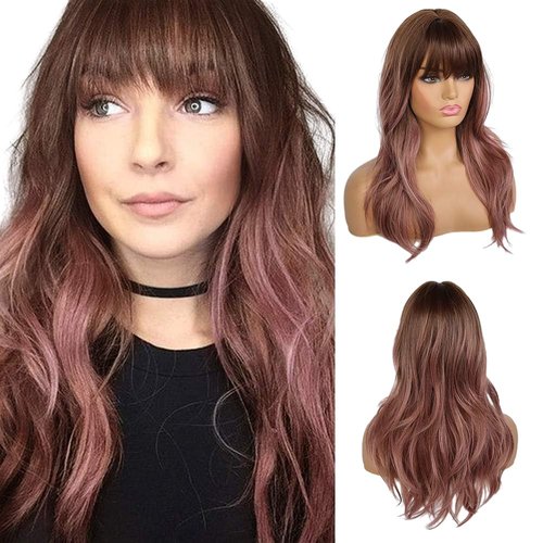 EMMOR Long Wavy Wigs with Bangs Purple Pink Wigs for Women, 20 Inch Natural Curly Hair Wig With Air Bang Synthetic Ombre Wigs, Party Cosplay Daily Use