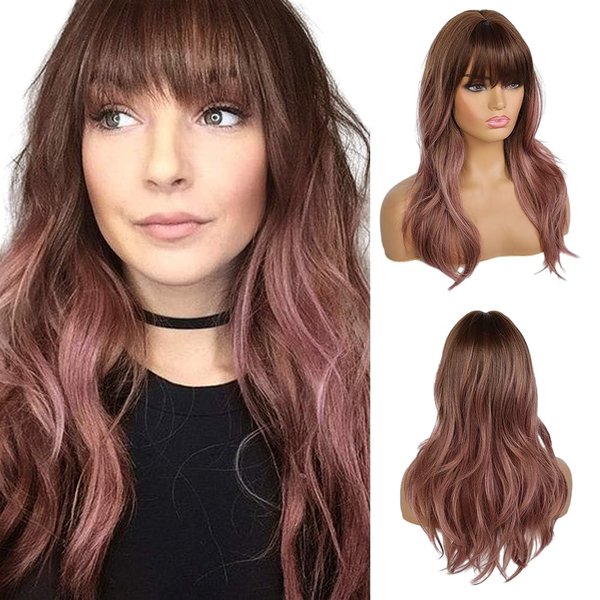 EMMOR Long Wavy Wigs with Bangs Purple Pink Wigs for Women, 20 Inch Natural Curly Hair Wig With Air Bang Synthetic Ombre Wigs, Party Cosplay Daily Use