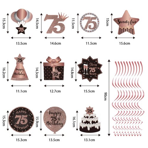 Happy 75th Birthday Hanging Swirls Streams Ceiling Decorations, Celebration 75 Foil Hanging Swirls with Cutouts for 75 Years Old Rose Gold Birthday Party Decorations Supplies