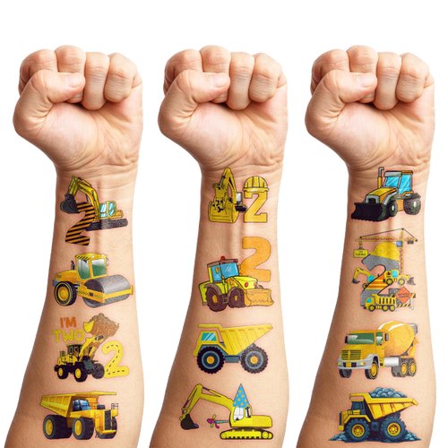 100 PCS Construction 2nd Temporary Tattoos Birthday Party Decorations Favors Supplies Trucks Tractor Two Years Old Vehical Excavator Bulldozer Stickers Gifts For Boys Classroom School Prizes Reward