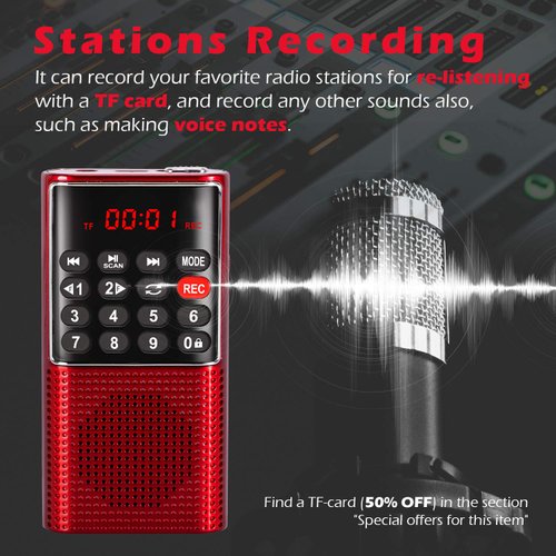 PRUNUS J-328 Mini Portable Pocket FM Radio MP3 Walkman Radio with Recorder, Lock Key, SD Card Player, Rechargeable Battery Operated(NO AM) Red