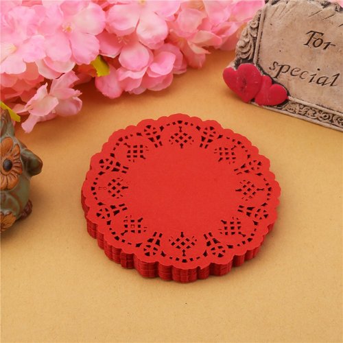 DECORA 3.5inch Round Red Lace Paper Doilies for Wedding Tableware Decoration, 100-Pack
