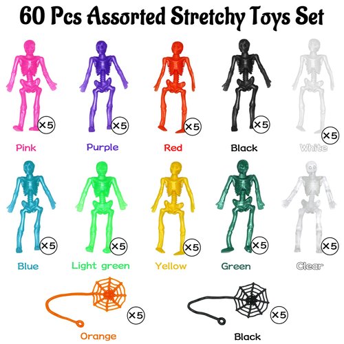 60 Pcs Halloween Stretchy Skeletons Party Favors for Kids with Sticky Spider Webs, Assorted Halloween Stretchy Toys for Kids Party Favors, Halloween Goodie Bags Filler, Pinata Filler, Game Prizes