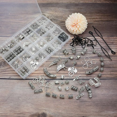 Fscwlmon 215 Pcs Viking Dreadlock Accessories Hair Charms Norse Runes Tube Beads Metal Clips Cuffs Rings Vikings Jewelry For Women Bracelets Pendant Necklace DIY Braid Accessories Silver