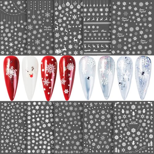 Snowflake Nail Art Stickers 10 Sheets Christmas Snowflake Nail Decals 3D Self-Adhesive Winter Theme Nail Sticker White Snowflake Nail Art Design Decals DIY Nail Decoration Supplies for Women Girls